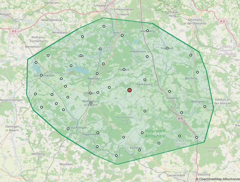 Karte des Maderholz-Liefergebiets rund um Bergen: von Gunzenhausen bis Berching, von Roth bis Eichstätt